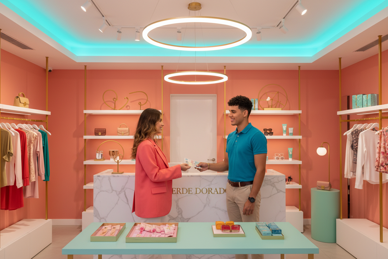 Genera una imagen, en la cual en el interior de una tienda de venta de productos de lujo, se encuentren dos personas una mujer realizando el pago con billetes y un hombre atendiendola y recibiendo el dinero, ambos son jovenes, y de características latinas, el ambiente de la tienda debe ser juvenil, con colores juveniles, que inviten a comprar al observador de la imagen, y que la imagen sea apta para que los personajes se vean en una pantalla de celular y en una pc